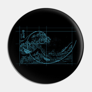 Hokusai Meets Fibonacci, Golden Ratio, Blue Line Pin