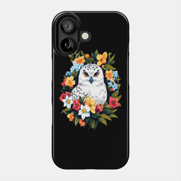 Cute Snowy Owl Surrounded by Bold Vibrant Spring Flowers Phone Case by BirdsnStuff