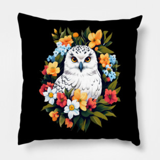 Cute Snowy Owl Surrounded by Bold Vibrant Spring Flowers Pillow