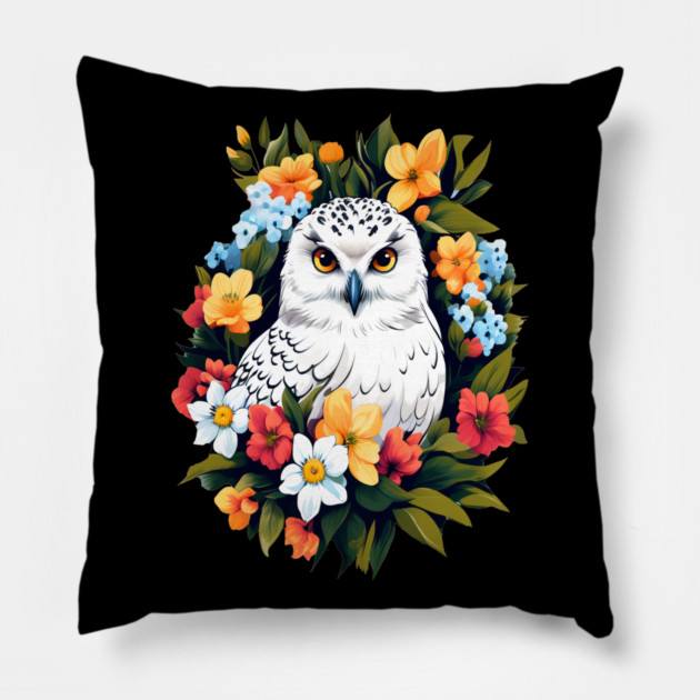 Cute Snowy Owl Surrounded by Bold Vibrant Spring Flowers Pillow by BirdsnStuff