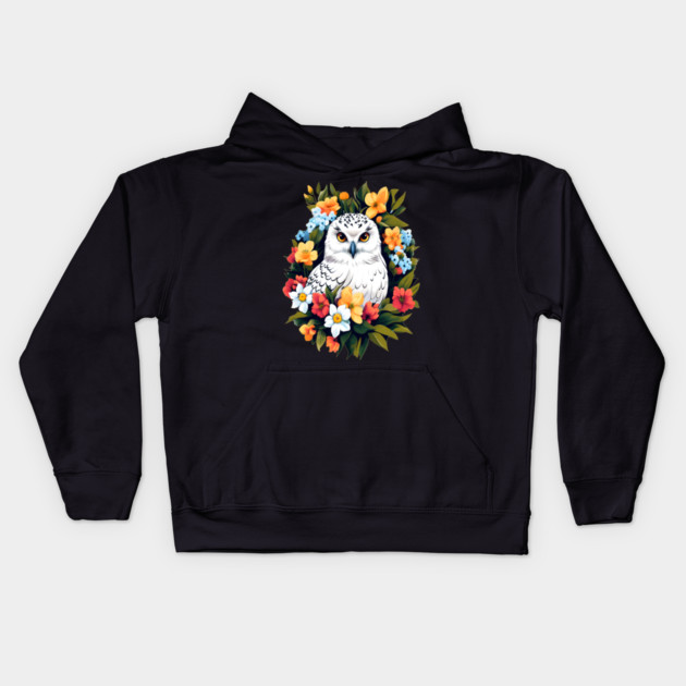 Cute Snowy Owl Surrounded by Bold Vibrant Spring Flowers Kids Hoodie by BirdsnStuff