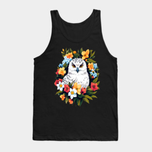 Cute Snowy Owl Surrounded by Bold Vibrant Spring Flowers Tank Top