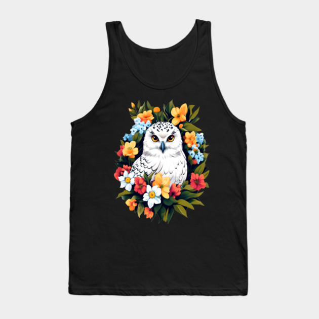 Cute Snowy Owl Surrounded by Bold Vibrant Spring Flowers Tank Top by BirdsnStuff