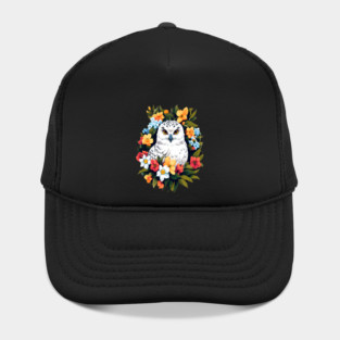 Cute Snowy Owl Surrounded by Bold Vibrant Spring Flowers Hat