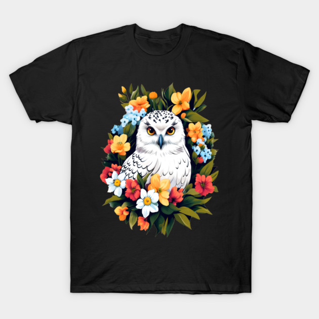 Cute Snowy Owl Surrounded by Bold Vibrant Spring Flowers T-Shirt by BirdsnStuff