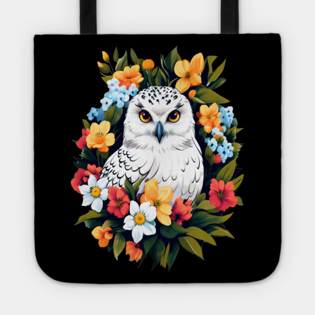Cute Snowy Owl Surrounded by Bold Vibrant Spring Flowers Tote by BirdsnStuff