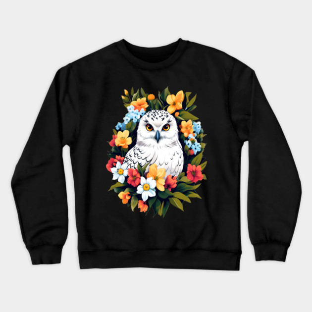 Cute Snowy Owl Surrounded by Bold Vibrant Spring Flowers Crewneck Sweatshirt by BirdsnStuff