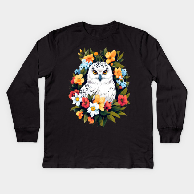 Cute Snowy Owl Surrounded by Bold Vibrant Spring Flowers Kids Long Sleeve T-Shirt by BirdsnStuff