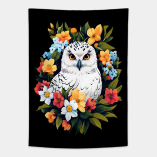 Cute Snowy Owl Surrounded by Bold Vibrant Spring Flowers Tapestry