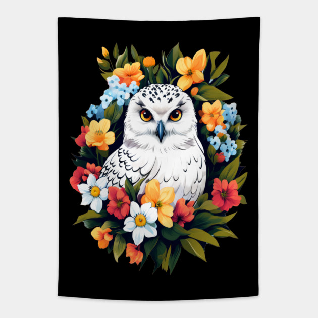 Cute Snowy Owl Surrounded by Bold Vibrant Spring Flowers Tapestry by BirdsnStuff