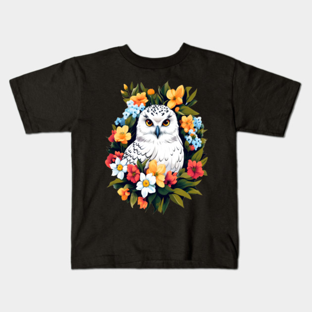 Cute Snowy Owl Surrounded by Bold Vibrant Spring Flowers Kids T-Shirt by BirdsnStuff