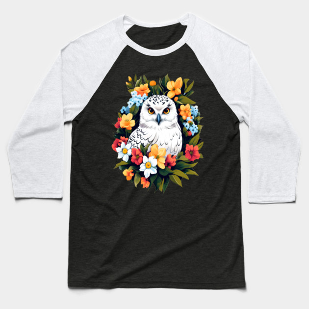 Cute Snowy Owl Surrounded by Bold Vibrant Spring Flowers Baseball T-Shirt by BirdsnStuff