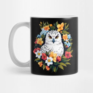 Cute Snowy Owl Surrounded by Bold Vibrant Spring Flowers Mug