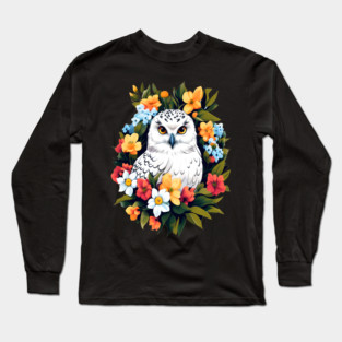 Cute Snowy Owl Surrounded by Bold Vibrant Spring Flowers Long Sleeve T-Shirt