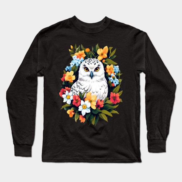 Cute Snowy Owl Surrounded by Bold Vibrant Spring Flowers Long Sleeve T-Shirt by BirdsnStuff