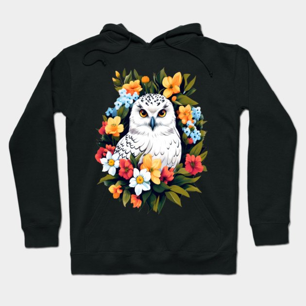 Cute Snowy Owl Surrounded by Bold Vibrant Spring Flowers Hoodie by BirdsnStuff