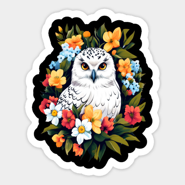 Cute Snowy Owl Surrounded by Bold Vibrant Spring Flowers Magnet by BirdsnStuff