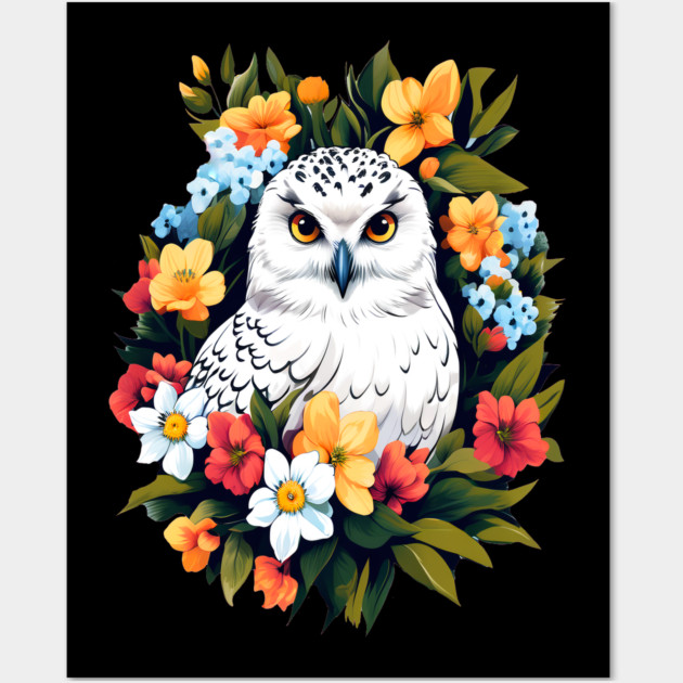 Cute Snowy Owl Surrounded by Bold Vibrant Spring Flowers Wall Art by BirdsnStuff