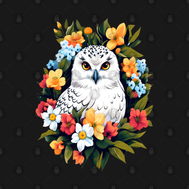 Cute Snowy Owl Surrounded by Bold Vibrant Spring Flowers by BirdsnStuff