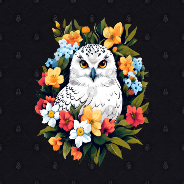 Cute Snowy Owl Surrounded by Bold Vibrant Spring Flowers by BirdsnStuff