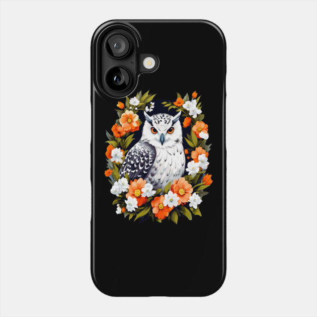 Cute Snowy Owl Surrounded by Bold Vibrant Spring Flowers Phone Case by BirdsnStuff