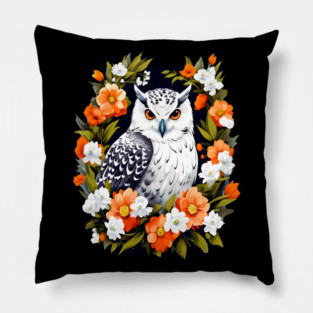 Cute Snowy Owl Surrounded by Bold Vibrant Spring Flowers Pillow