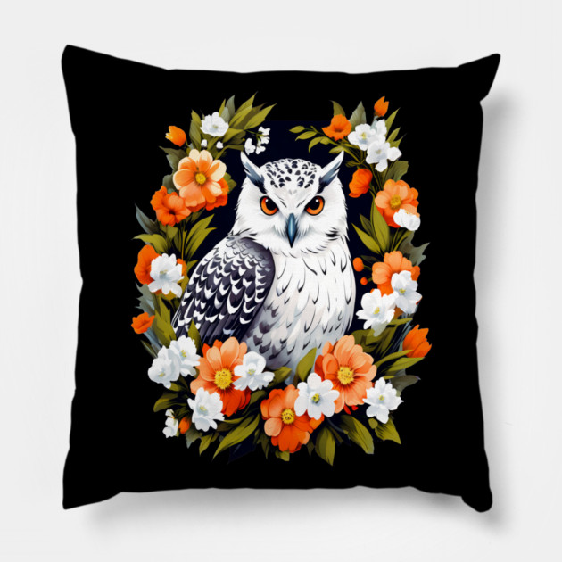 Cute Snowy Owl Surrounded by Bold Vibrant Spring Flowers Pillow by BirdsnStuff