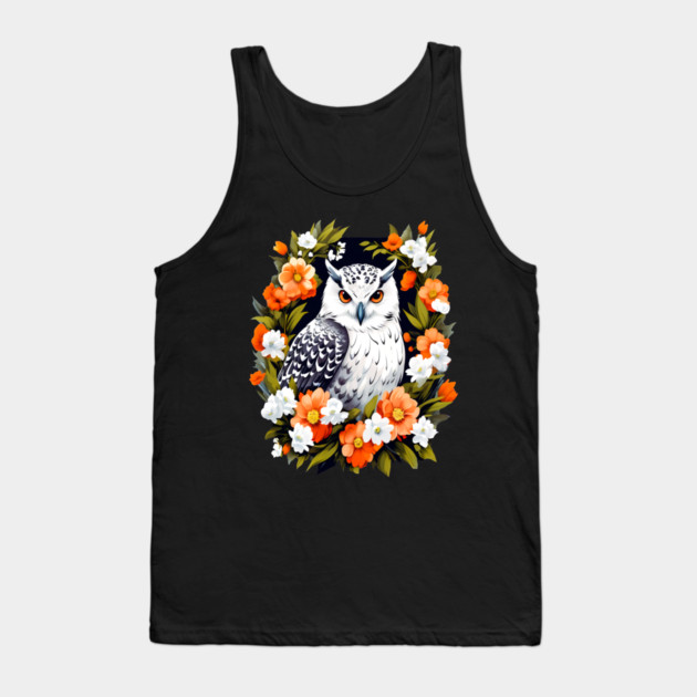 Cute Snowy Owl Surrounded by Bold Vibrant Spring Flowers Tank Top by BirdsnStuff