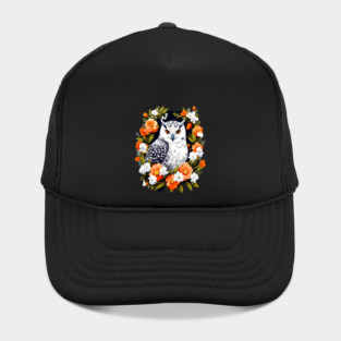 Cute Snowy Owl Surrounded by Bold Vibrant Spring Flowers Hat