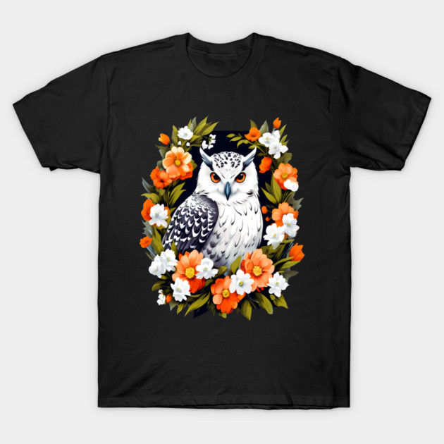 Cute Snowy Owl Surrounded by Bold Vibrant Spring Flowers T-Shirt by BirdsnStuff