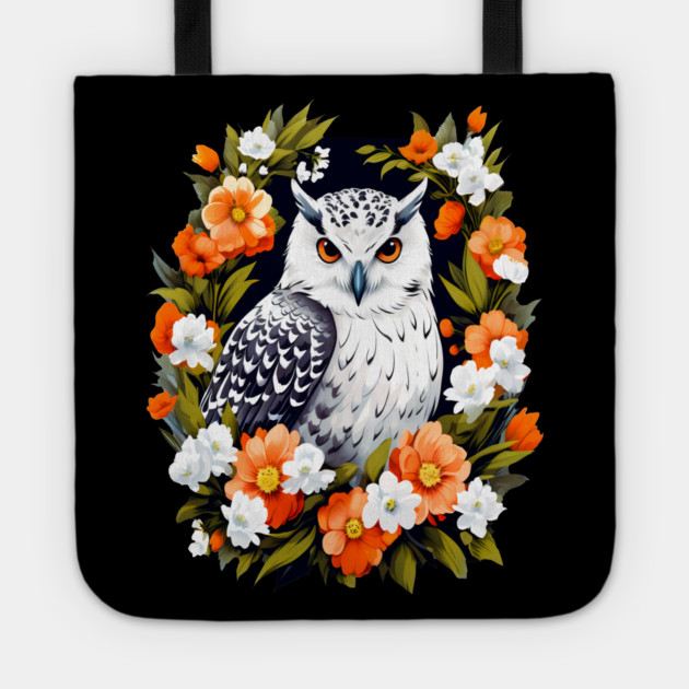 Cute Snowy Owl Surrounded by Bold Vibrant Spring Flowers Tote by BirdsnStuff