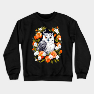 Cute Snowy Owl Surrounded by Bold Vibrant Spring Flowers Crewneck Sweatshirt