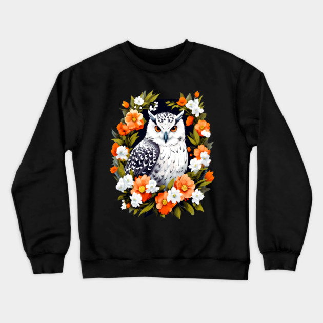 Cute Snowy Owl Surrounded by Bold Vibrant Spring Flowers Crewneck Sweatshirt by BirdsnStuff