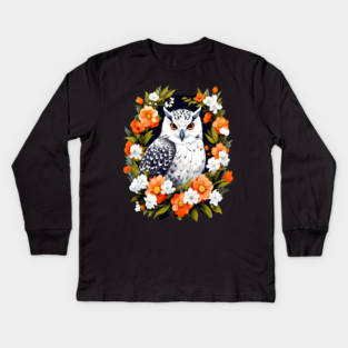 Cute Snowy Owl Surrounded by Bold Vibrant Spring Flowers Kids Long Sleeve T-Shirt