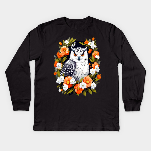 Cute Snowy Owl Surrounded by Bold Vibrant Spring Flowers Kids Long Sleeve T-Shirt by BirdsnStuff
