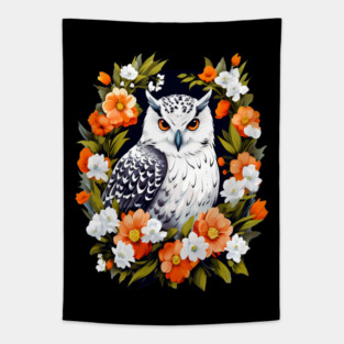 Cute Snowy Owl Surrounded by Bold Vibrant Spring Flowers Tapestry