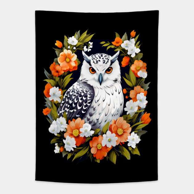 Cute Snowy Owl Surrounded by Bold Vibrant Spring Flowers Tapestry by BirdsnStuff