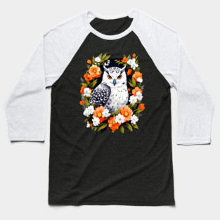 Cute Snowy Owl Surrounded by Bold Vibrant Spring Flowers Baseball T-Shirt