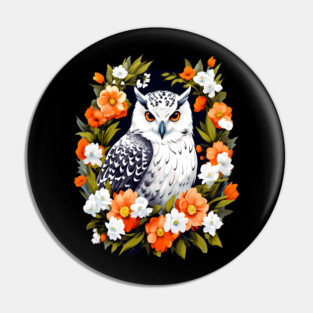 Cute Snowy Owl Surrounded by Bold Vibrant Spring Flowers Pin