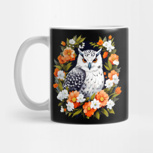 Cute Snowy Owl Surrounded by Bold Vibrant Spring Flowers Mug