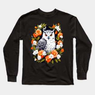 Cute Snowy Owl Surrounded by Bold Vibrant Spring Flowers Long Sleeve T-Shirt