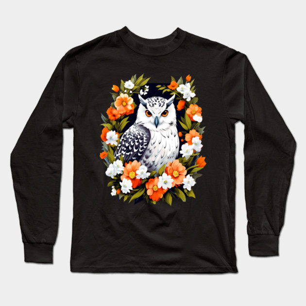 Cute Snowy Owl Surrounded by Bold Vibrant Spring Flowers Long Sleeve T-Shirt by BirdsnStuff