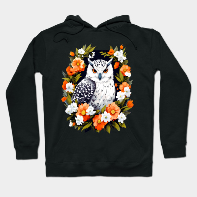 Cute Snowy Owl Surrounded by Bold Vibrant Spring Flowers Hoodie by BirdsnStuff
