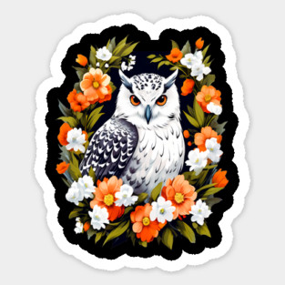 Cute Snowy Owl Surrounded by Bold Vibrant Spring Flowers Sticker