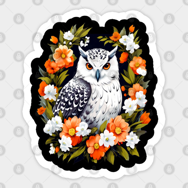 Cute Snowy Owl Surrounded by Bold Vibrant Spring Flowers Sticker by BirdsnStuff