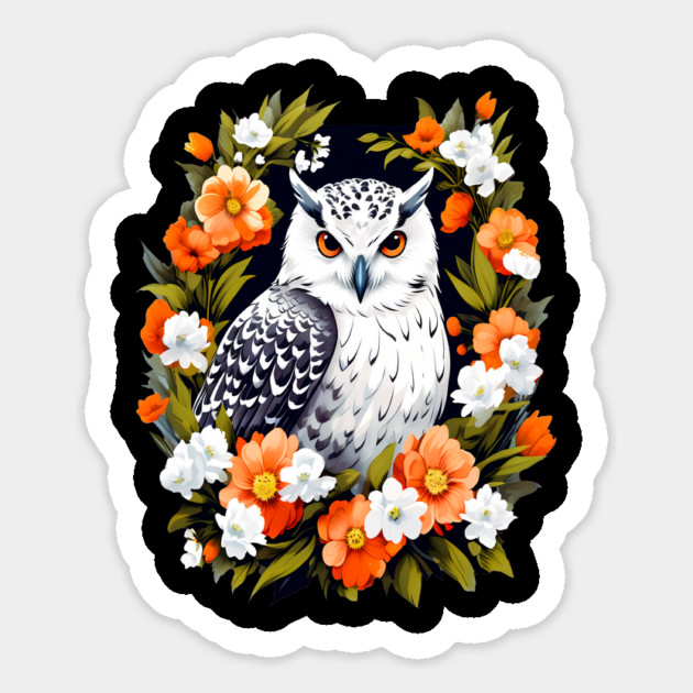 Cute Snowy Owl Surrounded by Bold Vibrant Spring Flowers Magnet by BirdsnStuff
