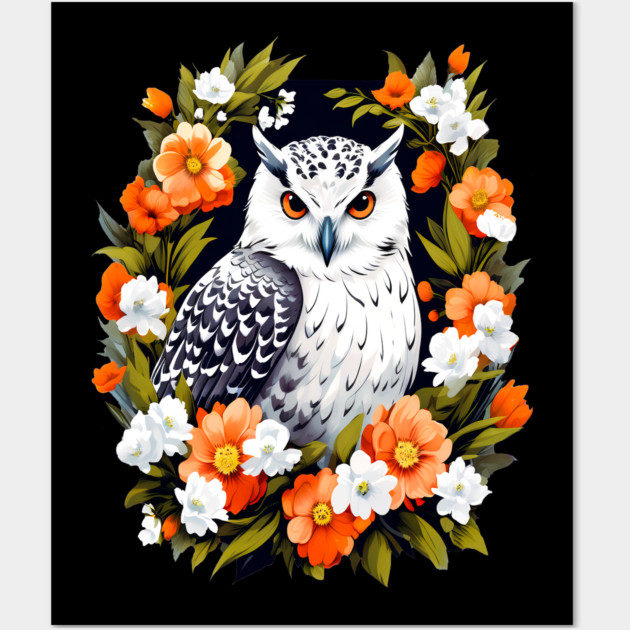 Cute Snowy Owl Surrounded by Bold Vibrant Spring Flowers Wall Art by BirdsnStuff