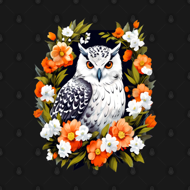 Cute Snowy Owl Surrounded by Bold Vibrant Spring Flowers by BirdsnStuff