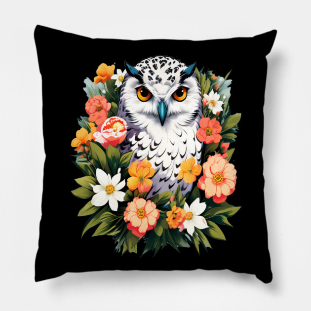 Cute Snowy Owl Surrounded by Bold Vibrant Spring Flowers Pillow by BirdsnStuff