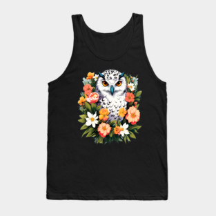 Cute Snowy Owl Surrounded by Bold Vibrant Spring Flowers Tank Top